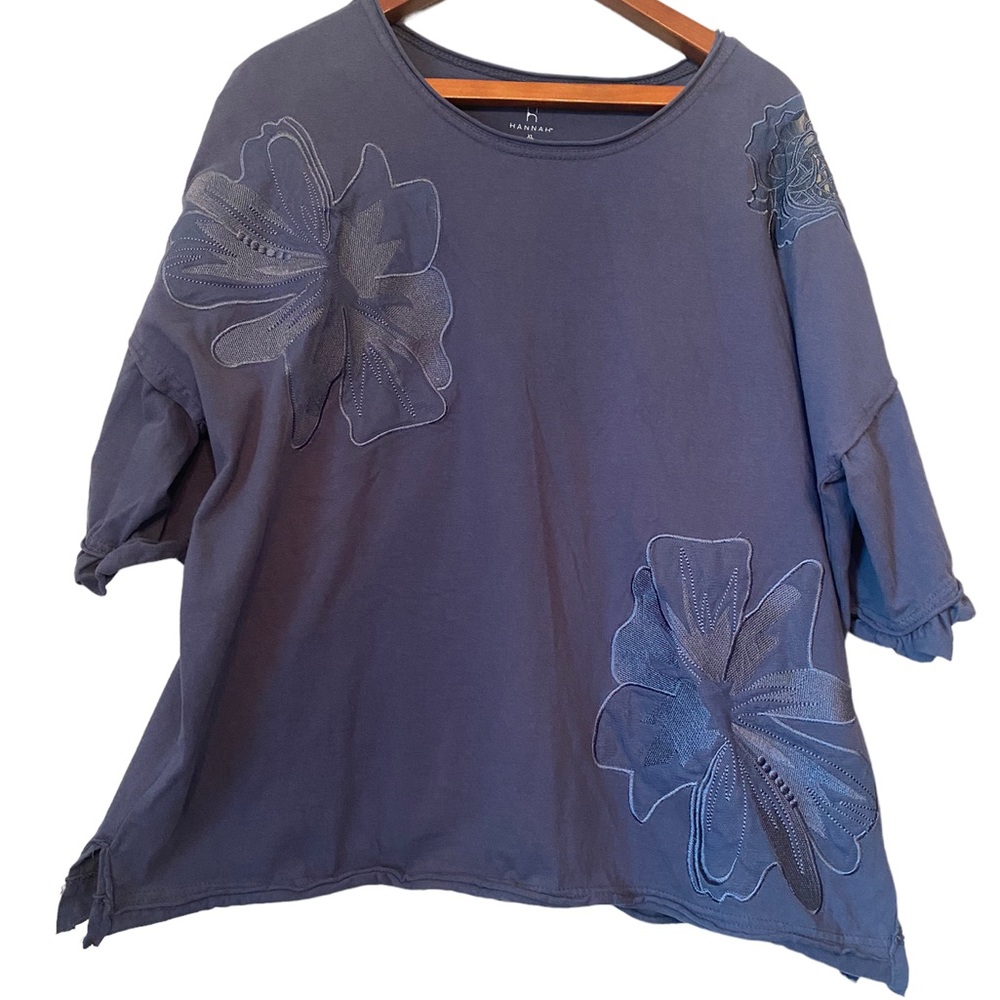 Hannah Blue Embroidered Floral Ruffled Sleeve Top